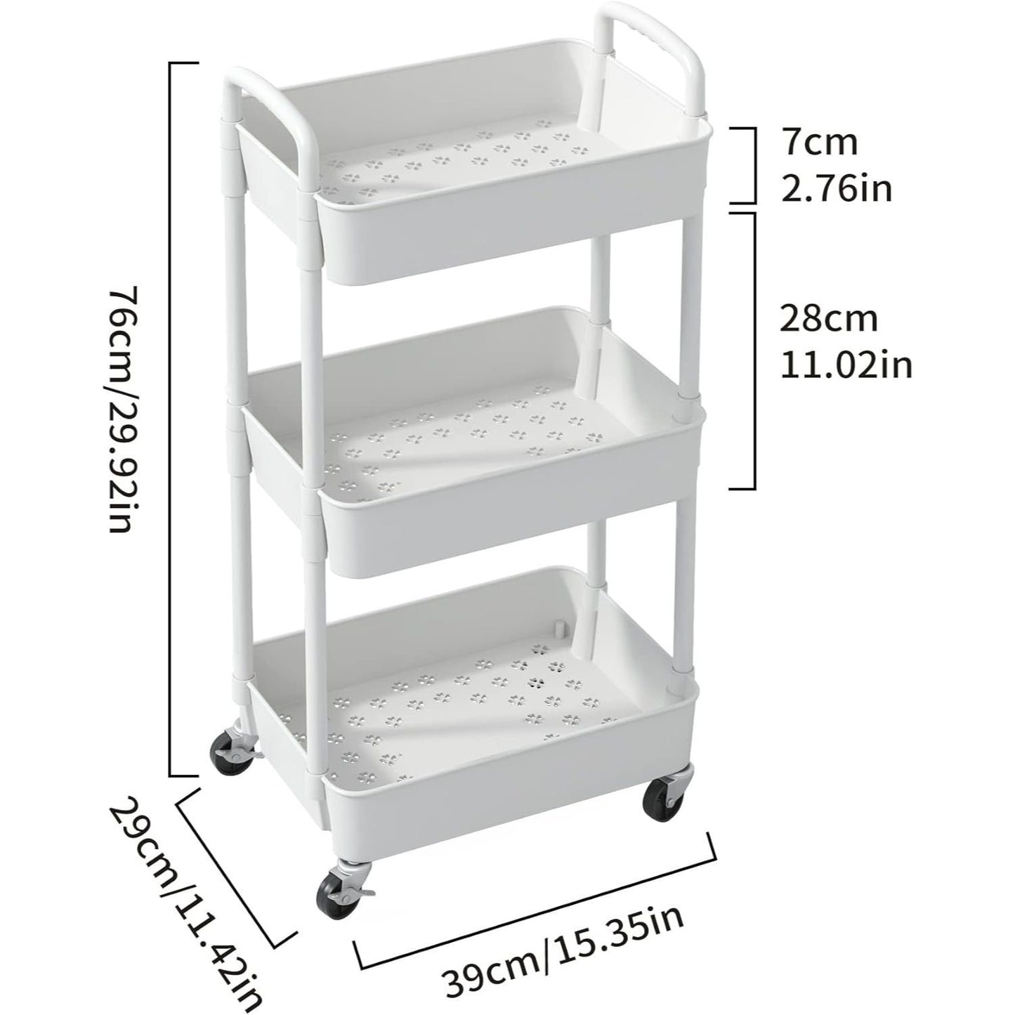 3-Tier Plastic Rolling Utility Cart with Carry Handle for Organized Everyday Storage detail image - detail view 7