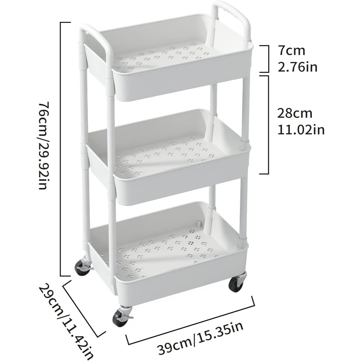 3-Tier Plastic Rolling Utility Cart with Carry Handle for Organized Everyday Storage detail image - detail view 7