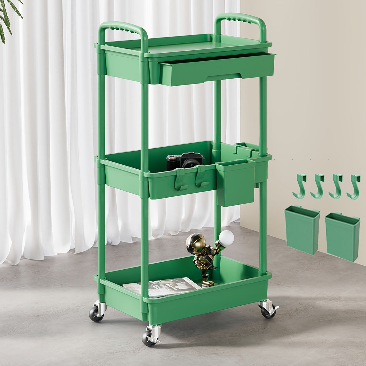 Rolling Storage Cart shown in the Green, 3 Tier option