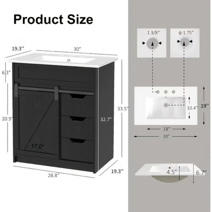 30-Inch Solid Wood Bathroom Vanity with Sliding Doors and Large-Capacity Storage detail image - detail view 3