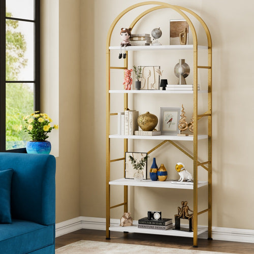 5-Tier Arched Bookshelf with Metal Frame – Tall Farmhouse Display Shelf for Bedroom, Living Room & Home Office, Grey Industrial Book Shelf Storage Rack