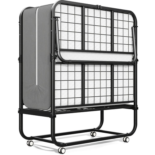 Compact & Durable 4-Section Folding Bed with Grey Fabric Cover - Sturdy Metal Frame, 75" x 31", Portable Roll-Away Design for Adults, Ideal for Guests, Students, Camping & Small Apartments, Garden Houses