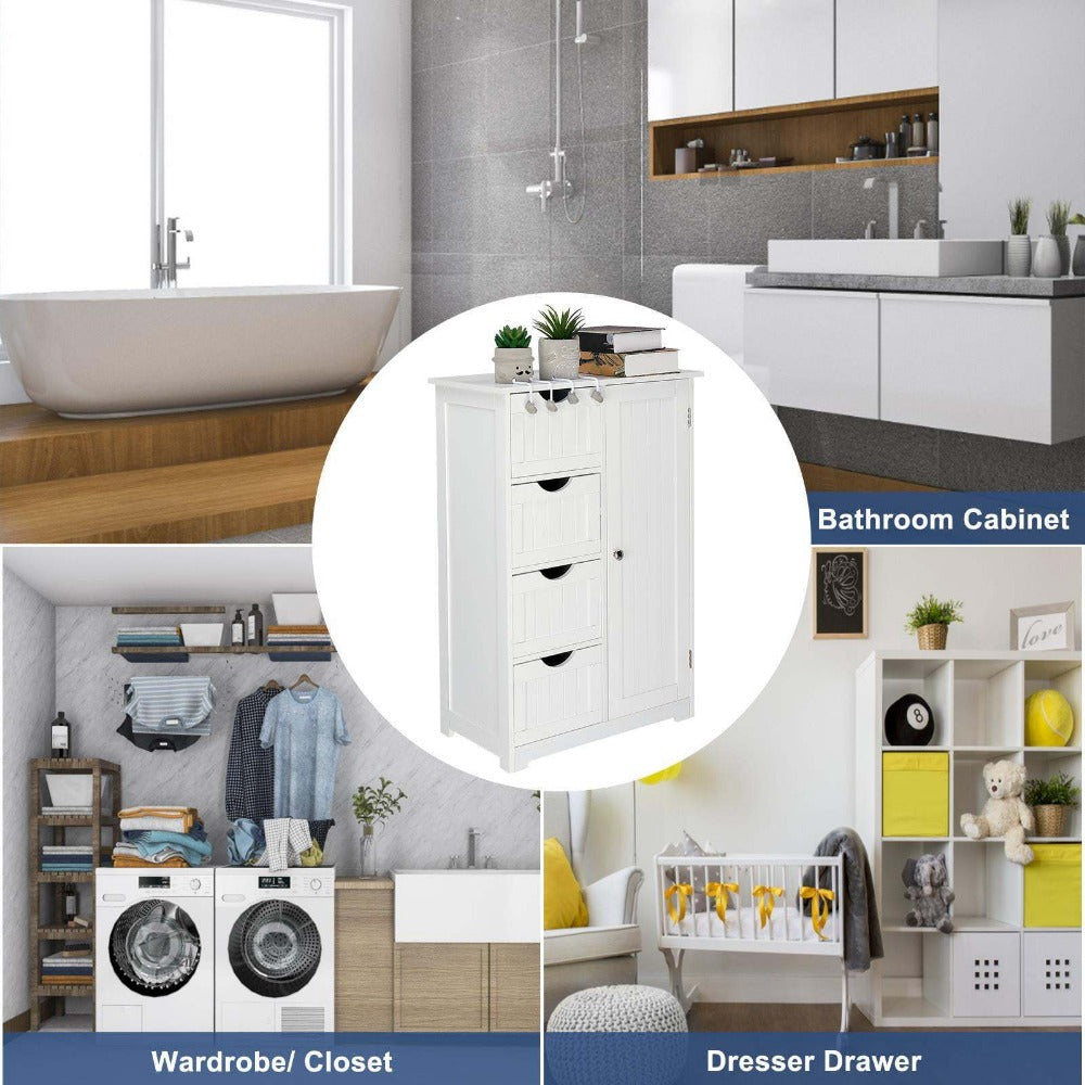 Bathroom Floor Cabinet with 4 Drawers & Cupboard, Side Storage Organizer with 2 Open Shelves, Freestanding Bathroom Vanity Cabinet for Small Spaces, White