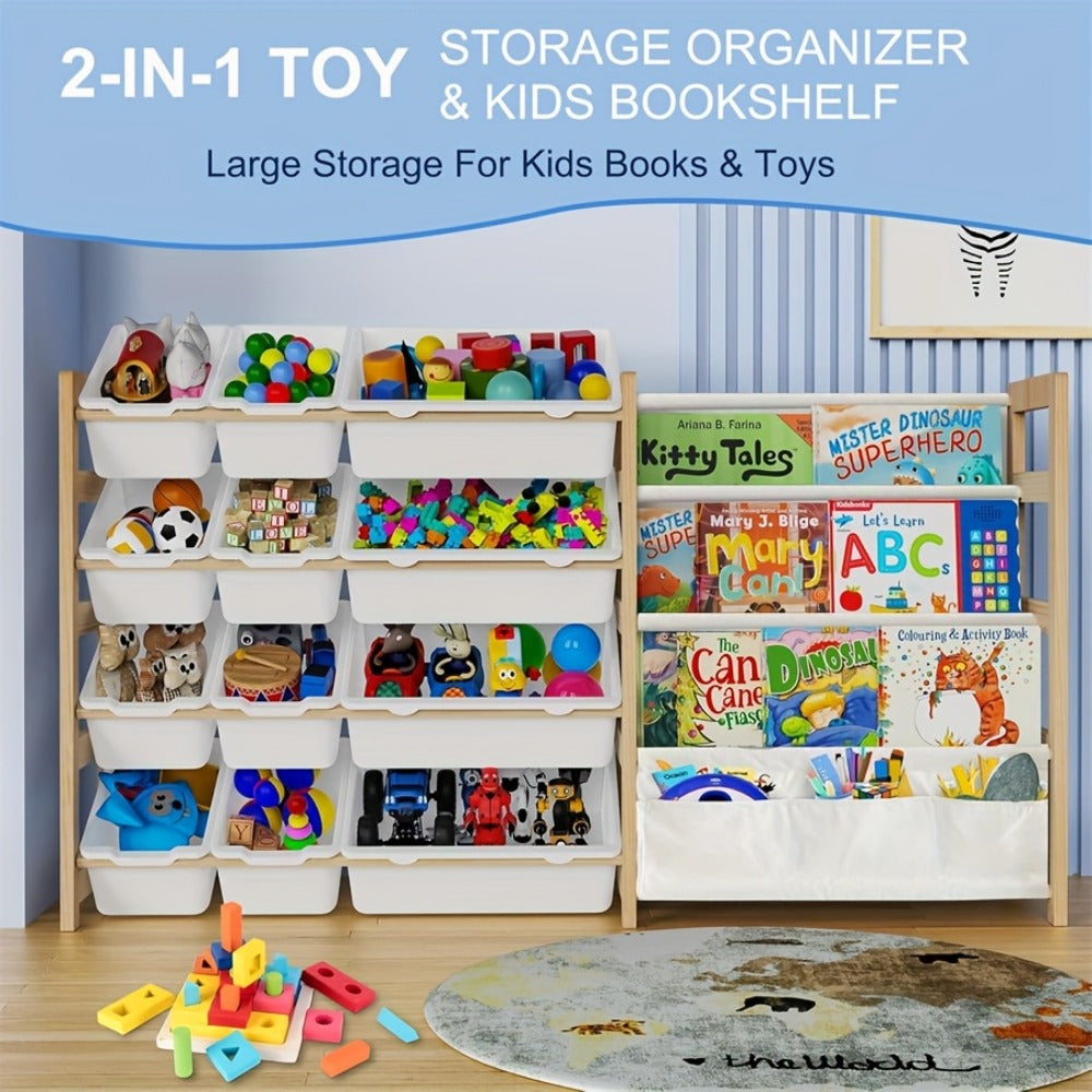 2in 1 Kids Bookshelf And Child Storage Organizer with 12 Bins And 4 Tier Book Shelf for Playroom, Classroom, Nursery Room, Bedroom, Kindergarten, School, Perfect Gift for Christmas, Halloween, Thanksgiving, Easy to Installation, Space Saving