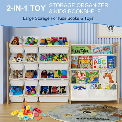 2in 1 Kids Bookshelf And Child Storage Organizer with 12 Bins And 4 Tier Book Shelf for Playroom, Classroom, Nursery Room, Bedroom, Kindergarten, School, Perfect Gift for Christmas, Halloween, Thanksgiving, Easy to Installation, Space Saving