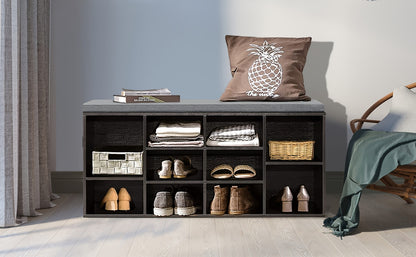 Shoe Storage Bench 3-Tier with 10 Adjustable Cubbies Upholstered Entryway Bench Organizer for Hallway, Living Room & Bedroom – Black & Brown