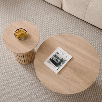 Round Nesting Coffee Tables Set of 2 - Boho Fluted Drum Side Table with Wood Grain Tabletop for Living Room, Bedroom & Apartment