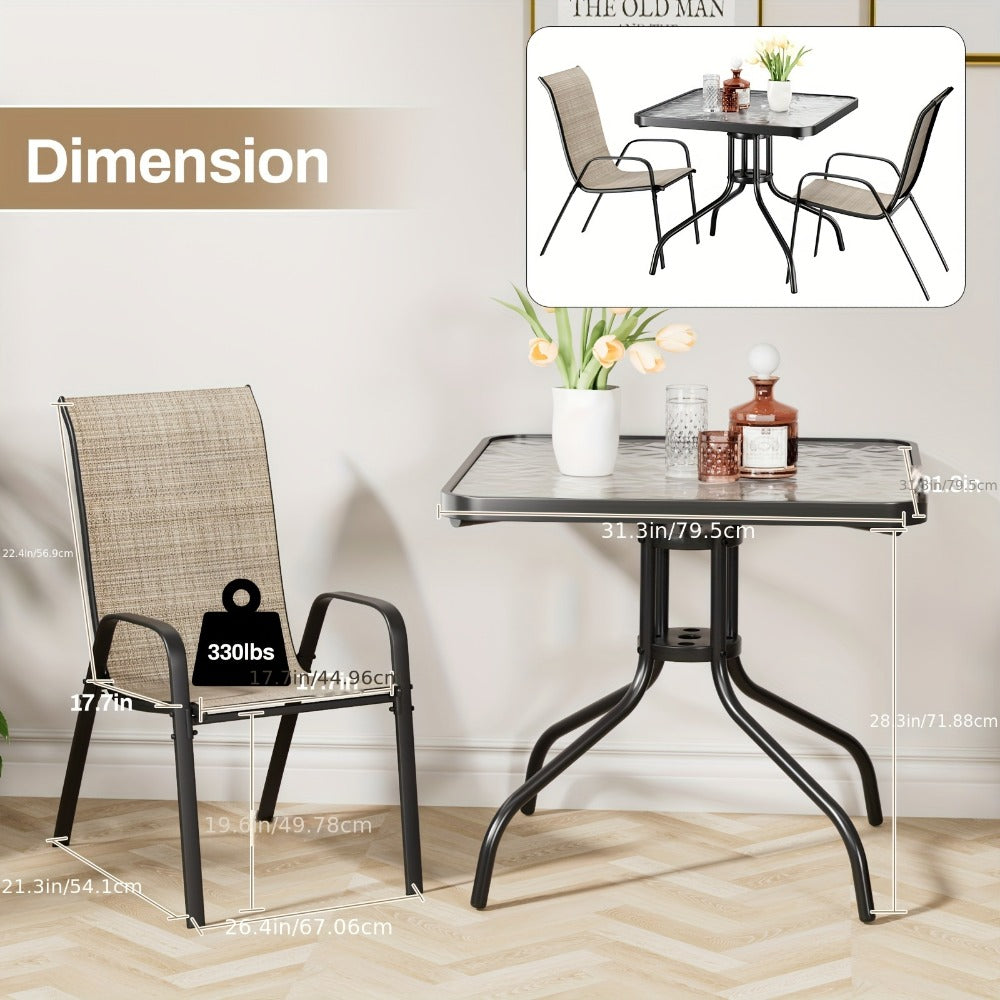 Patio Dining Set 5 Piece Stackable Textilene Chairs Glass Table All-Weather Outdoor Furniture for Courtyard Garden Lawn Backyard Poolside with Umbrella Hole