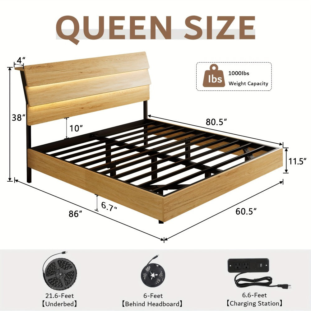 Floating Bed Frame with LED Lights Built-In Charging Station Wooden Headboard Heavy-Duty Metal Support Easy Assembly Bedroom Furniture