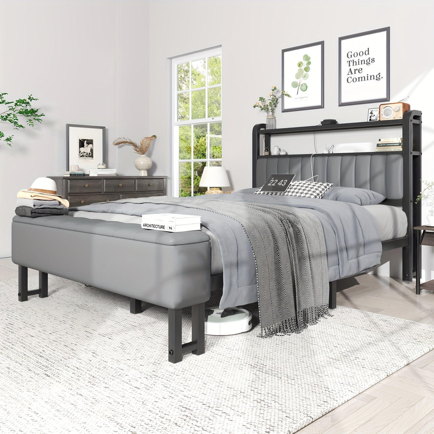 Metal Platform Bed with Storage Ottoman, Upholstered Headboard, Starry Sky Lighting Design, and Reinforced Bed Legs, Easy to Assemble