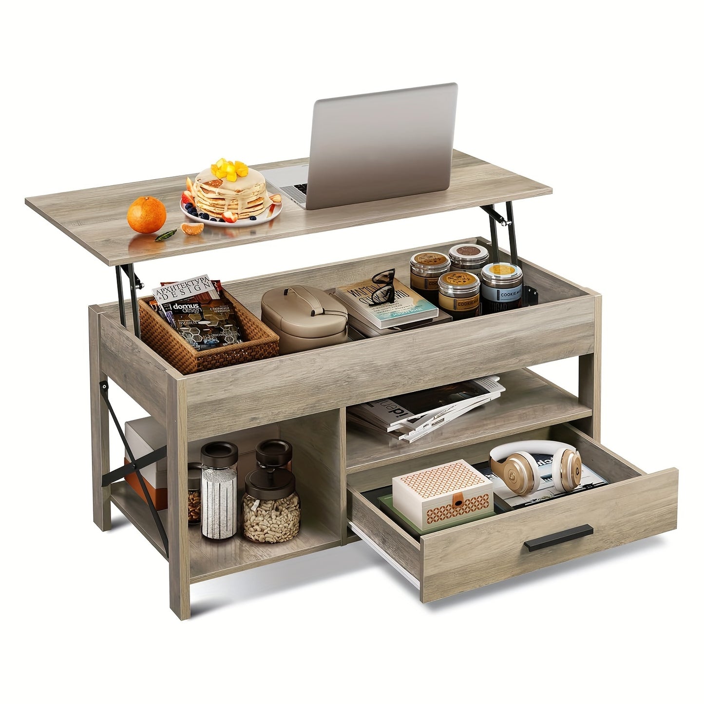 Adjustable Lift Top Coffee Table with Storage Drawers & Hidden Compartment - Modern Lift-Top Mechanism, Lift-Top Table Suitable for Living Room, Reception Room, Assembly Required, Wood/HDF, Space-Saving