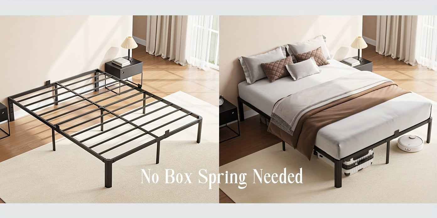 14 Inch Black Metal Bed Frame, King/Queen/Full/Twin Upgraded Rounded Fan-shaped Legs, 4 Mattress Limiters, 3500LBS Heavy-duty Steel Bars, No Need for Springs, No Noise, Reinforced Large Storage Space Below, Not Including Headboard, Easy to Assemble