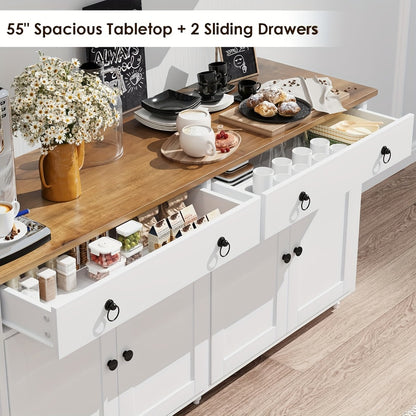 55" Buffet Cabinet with 4 Doors 2 Drawers & Adjustable Shelves, Modern Sideboard Coffee Bar Cabinet for Kitchen Dining Room Entryway Living Room, Black Storage Console