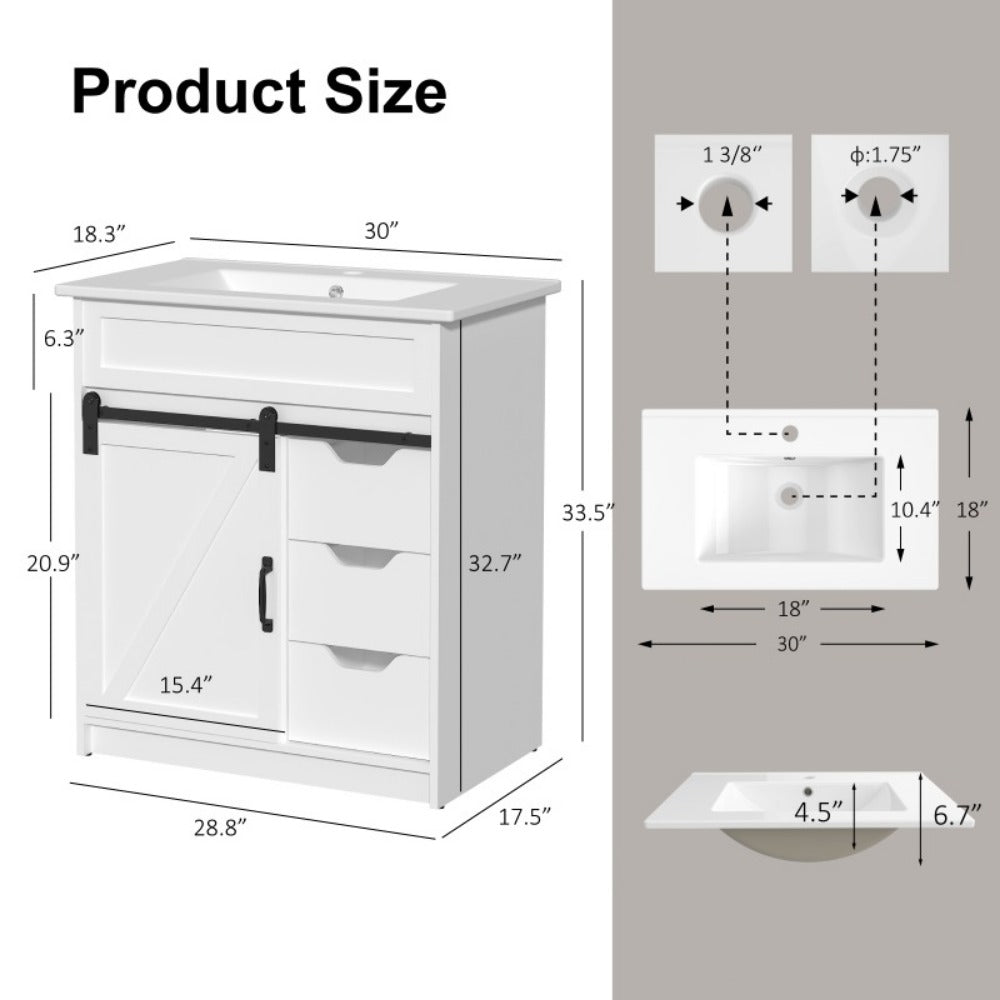 30 Inch Cottage Style Bathroom Vanity with Sink - Solid Wood Cabinet 3 Drawers Barn Door Sliding Shelf Ceramic Undermount Sink Modern Farmhouse Design
