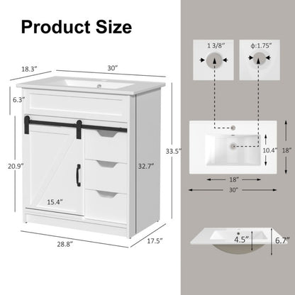 30 Inch Cottage Style Bathroom Vanity with Sink - Solid Wood Cabinet 3 Drawers Barn Door Sliding Shelf Ceramic Undermount Sink Modern Farmhouse Design