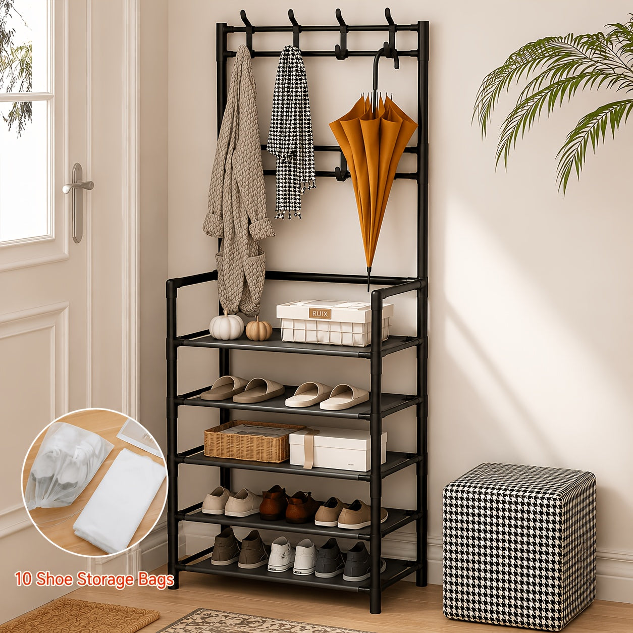 5-Tier & 3-Tier Multifunctional Storage Rack, Entryway Organizer for Shoes & Hats, Ideal for Home, Living Room, Dorm, with 10 White Shoe Storage Bags Included
