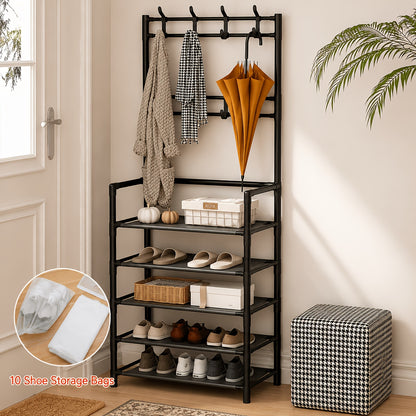 5-Tier & 3-Tier Multifunctional Storage Rack, Entryway Organizer for Shoes & Hats, Ideal for Home, Living Room, Dorm, with 10 White Shoe Storage Bags Included