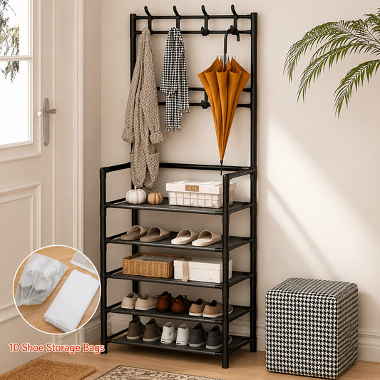5-Tier & 3-Tier Multifunctional Storage Rack, Entryway Organizer for Shoes & Hats, Ideal for Home, Living Room, Dorm, with 10 White Shoe Storage Bags Included