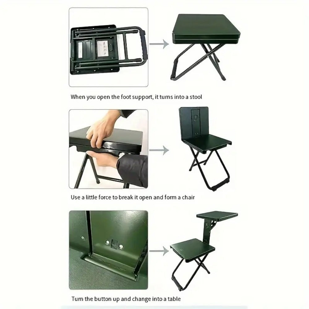 3-in-1 Portable Folding Table and Chair Set Vintage Iron Lightweight Compact for Outdoor Camping Study Vendor Market Writing Desk Folds Like a Handbag