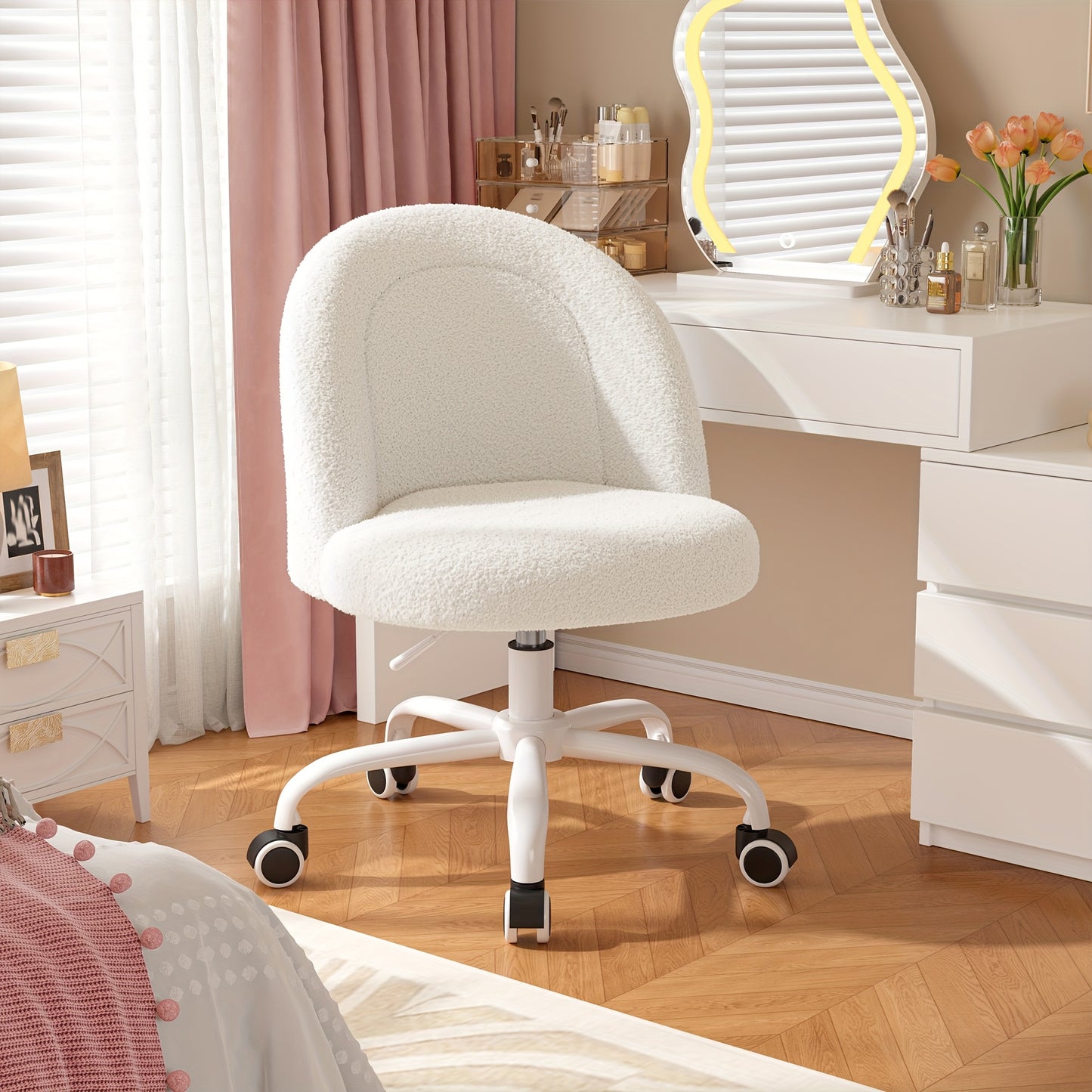 Vanity Chair With Lumbar Support, Adjustable Swivel Armless Desk Chair, Teddy Fleece, Compact For Small Spaces, Bedroom, Beige, Jelly Pink, White, Black, Grey