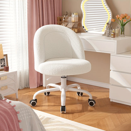 Vanity Chair With Lumbar Support, Adjustable Swivel Armless Desk Chair, Teddy Fleece, Compact For Small Spaces, Bedroom, Beige, Jelly Pink, White, Black, Grey