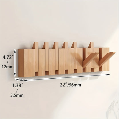 1pc Natural Wood Wall-Mounted Coat Rack with 10 Hooks - Piano-Shaped Accordion Design, Walnut Finish, Space-Saving Vertical Storage for Entryway, Bedroom, Bathroom - Easy Assembly, No Batteries/Electricity, Durable Multi-Purpose Organizer for Coats, Hats,