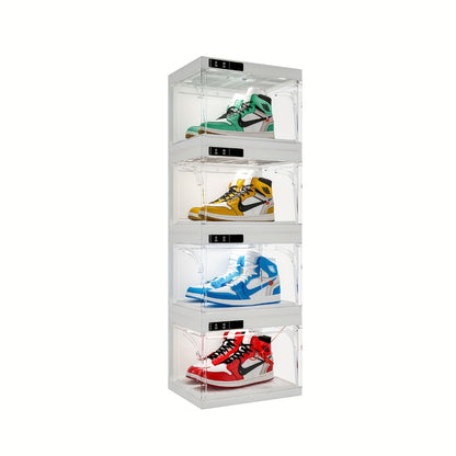 LED Intelligent Control Shoe Storage Box, Transparent Plastic Stackable, Suitable for Sports Shoe Display Cabinets And Collection Boxes, Automatic Opening Shoe Storage Box, White 1/4 Pack, Suitable for Sports Shoe Collection, Wardrobe Storage