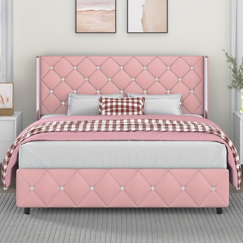 Diamond Tufted Bed Frame with Wingback Headboard & Silvery Side Wings – Upholstered, No Box Spring, Twin Full Queen King, 6 Colors