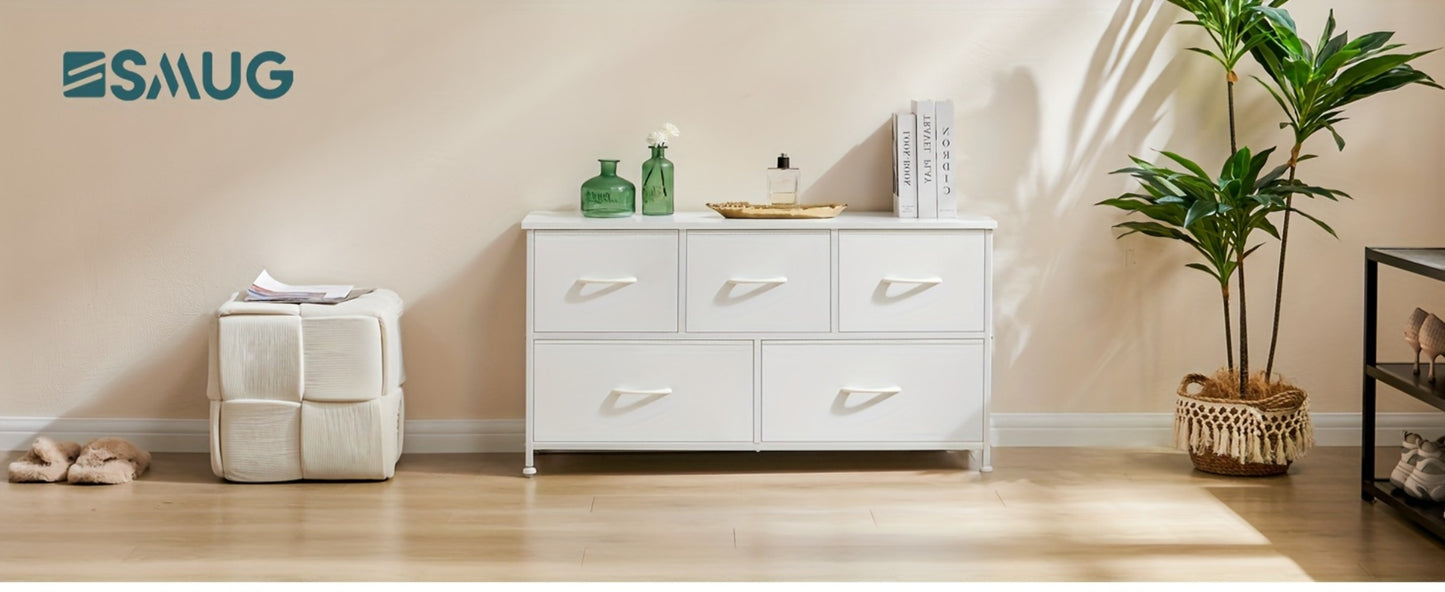 5-Drawer Dresser with Fabric Drawers & Cabinet Suitable for Bedroom, Room with Plastic Frame & Top, Low Chest Organizer Unit with Removable Bins, Space-Saving Furniture for Closet,, Hallway, Assembly