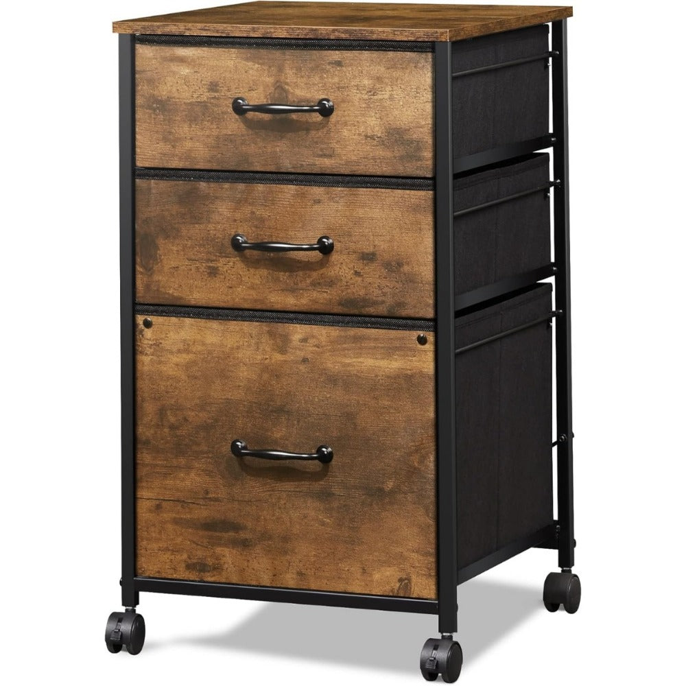 Mobile File Cabinet with 3 Drawers – Rolling Printer Stand, Fabric Vertical Filing Cabinet for A4 & Letter Size, Vintage Espresso Style Home Office Storage
