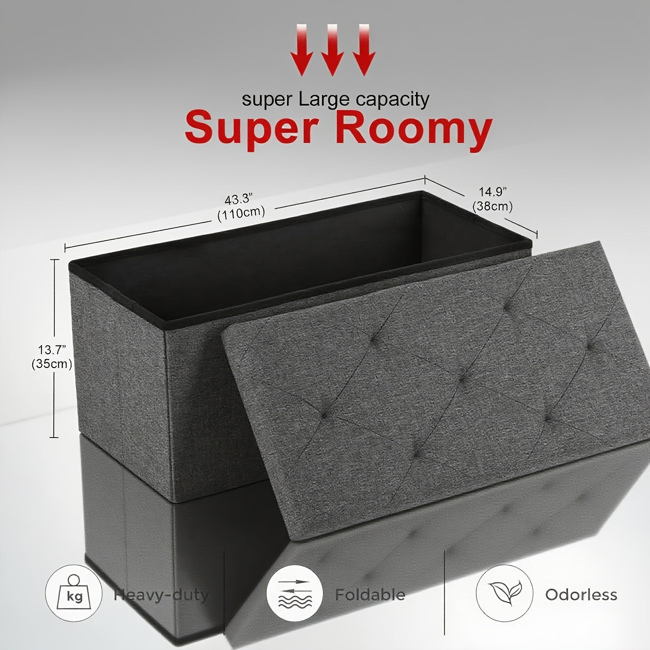 Storage Ottoman Bench with Bins, 43in Storage Bench for Bedroom End Of Bed, Folding Foot Rest Ottoman for Living Room Max 660lbs, Fabric Ottomans, Grey