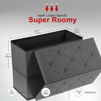 Storage Ottoman Bench with Bins, 43in Storage Bench for Bedroom End Of Bed, Folding Foot Rest Ottoman for Living Room Max 660lbs, Fabric Ottomans, Grey