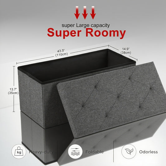 Storage Ottoman Bench with Bins, 43in Storage Bench for Bedroom End Of Bed, Folding Foot Rest Ottoman for Living Room Max 660lbs, Fabric Ottomans, Grey