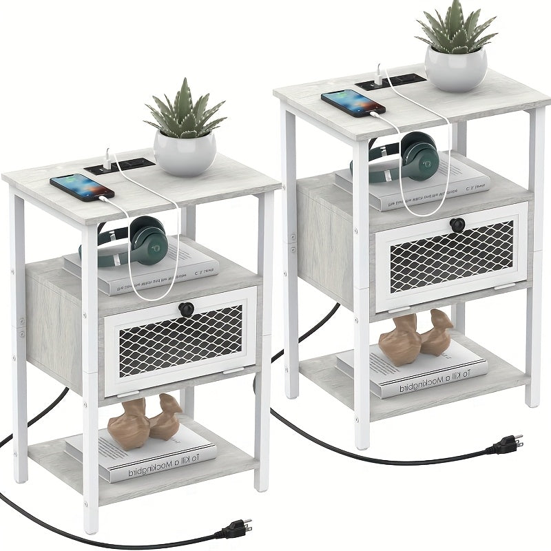 [Nightstands With Charging] A Pair of Nightstands Featuring a Charging Station, Ideal for Bedrooms Or Living Rooms. These Modern Side Tables Come with Storage Drawers And Include USB Ports And Outlets, Perfect for Small Farmhouse Spaces