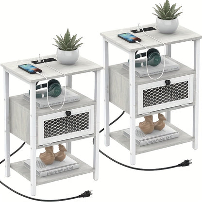 [Nightstands With Charging] A Pair of Nightstands Featuring a Charging Station, Ideal for Bedrooms Or Living Rooms. These Modern Side Tables Come with Storage Drawers And Include USB Ports And Outlets, Perfect for Small Farmhouse Spaces