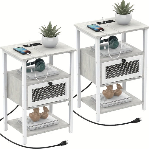 [Nightstands With Charging] A Pair of Nightstands Featuring a Charging Station, Ideal for Bedrooms Or Living Rooms. These Modern Side Tables Come with Storage Drawers And Include USB Ports And Outlets, Perfect for Small Farmhouse Spaces