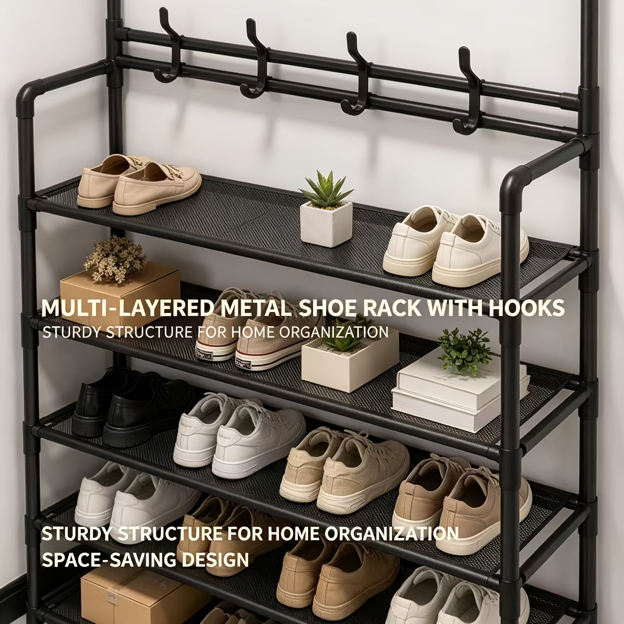 5-Tier Metal Shoe Rack With 8 Multi-Functional Hooks, Freestanding Entryway Organizer For Shoes, Coats, Hats & Bags, Space-Saving Shoe Storage Shelf For Hallway, Bedroom, Living Room