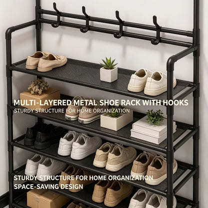5-Tier Metal Shoe Rack With 8 Multi-Functional Hooks, Freestanding Entryway Organizer For Shoes, Coats, Hats & Bags, Space-Saving Shoe Storage Shelf For Hallway, Bedroom, Living Room