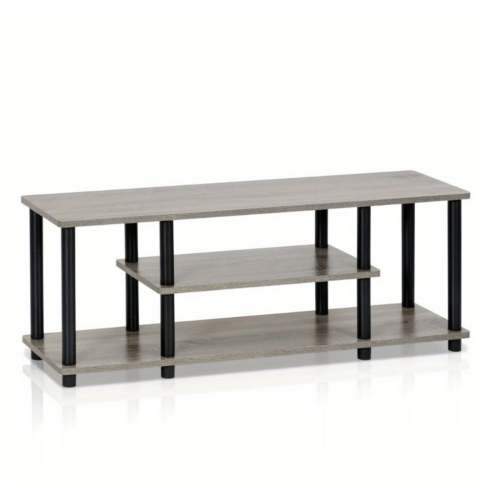 3-Tier TV Stand for 50" TVs No Tools Assembly – Modern Entertainment Center Console Table with Storage Shelves, Round Tube Frame, French Oak & Black