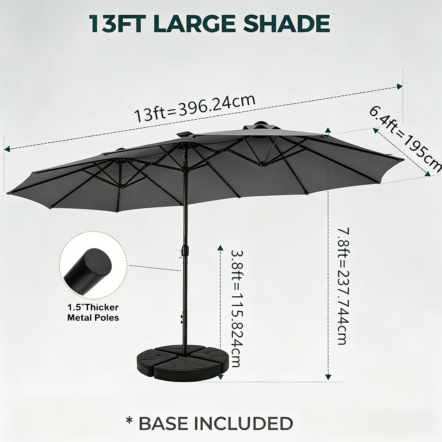 [Double Sided Umbrella] 13ft Double Sided Patio Umbrella with Solar Lights, Includes Stand Base, Outdoor Large Patio Umbrella with Crank Handle, Outdoor Extra Large Market Table Umbrella, 12 Heavy-duty Ribs, for Outside, Market, Patio, Deck, Swimming Pool