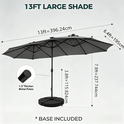 [Double Sided Umbrella] 13ft Double Sided Patio Umbrella with Solar Lights, Includes Stand Base, Outdoor Large Patio Umbrella with Crank Handle, Outdoor Extra Large Market Table Umbrella, 12 Heavy-duty Ribs, for Outside, Market, Patio, Deck, Swimming Pool