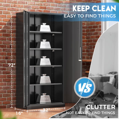 Metal Storage Cabinet, 71''/ 36''H for garage Storage Cabinet With Adjustable Shelves And Lockable Doors, Closet Storage And Organization For Garage, Gym, Home Office, School, Easy To Assemble