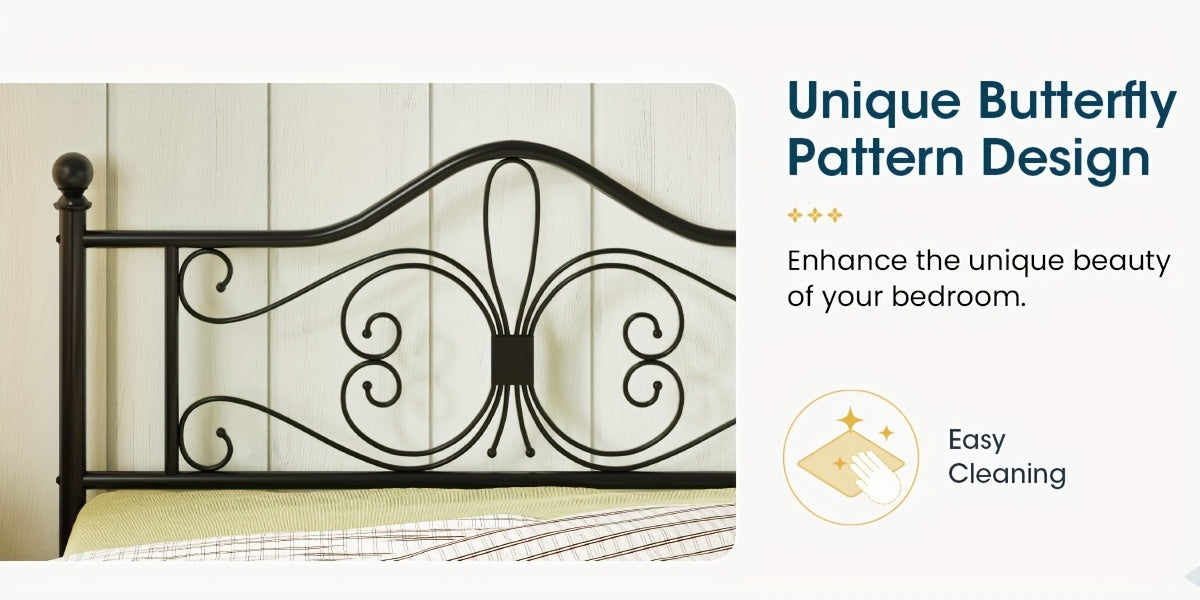 WEEWAY Metal Bed Frame with Headboard, Platform Bed with Butterfly Pattern Design Headboard & Footboard, No Box Spring Required, Easy Assembly