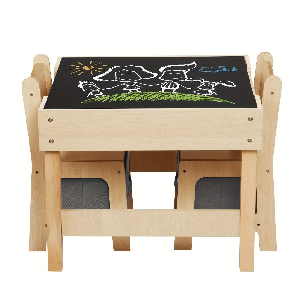 Wood Table And Chair Set, 3-In-1 Kids' Table And Chair Set with Double-Sided Desktop And Toy Storage, Ideal Choice for Room, Nursery, Playroom, And Daycare Center