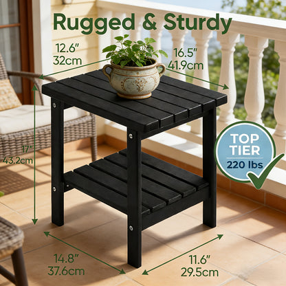 2-Tier Adirondack Side Table | Weather Resistant Wooden End Table, Rectangular Rustic Outdoor & Indoor Small Table For Patio, Garden, Lawn, Porch Or Living Room, High Density Polyethylene Frame With Wood Grain Coating