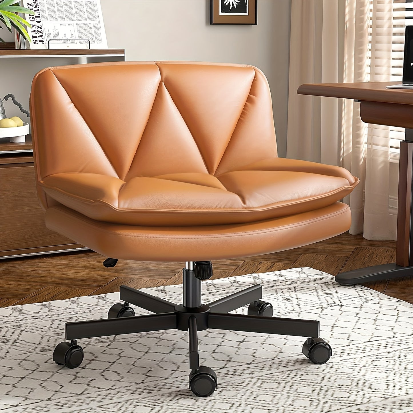 27" W Criss Cross Chair With Wheels, Cross Legged Office Chair, Comfy Vanity Chairs With Wheels And Back, Swivel Armless Office Chairs, 2-Layer Cushion, Height Adjustable, Home Office