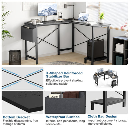 L-Shaped Computer Desk, Wooden Corner, PC Computer Desk with Storage Pocket for Home, Office And Game Room, Black