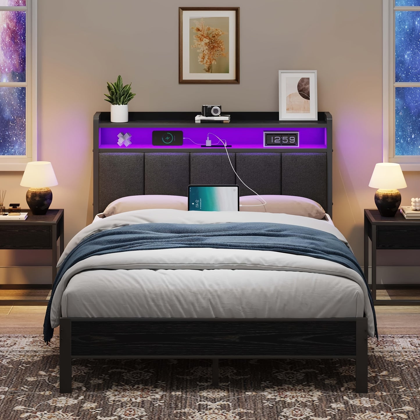Twin Full Queen King Bed Frame with Storage Headboard And LED Lights, Charging Station, King Size Bed Frame with Headboard, Heavy-Duty Metal Slatted Base Support, No Spring Mattress Required, Easy Assembly, Grey, White, Cream