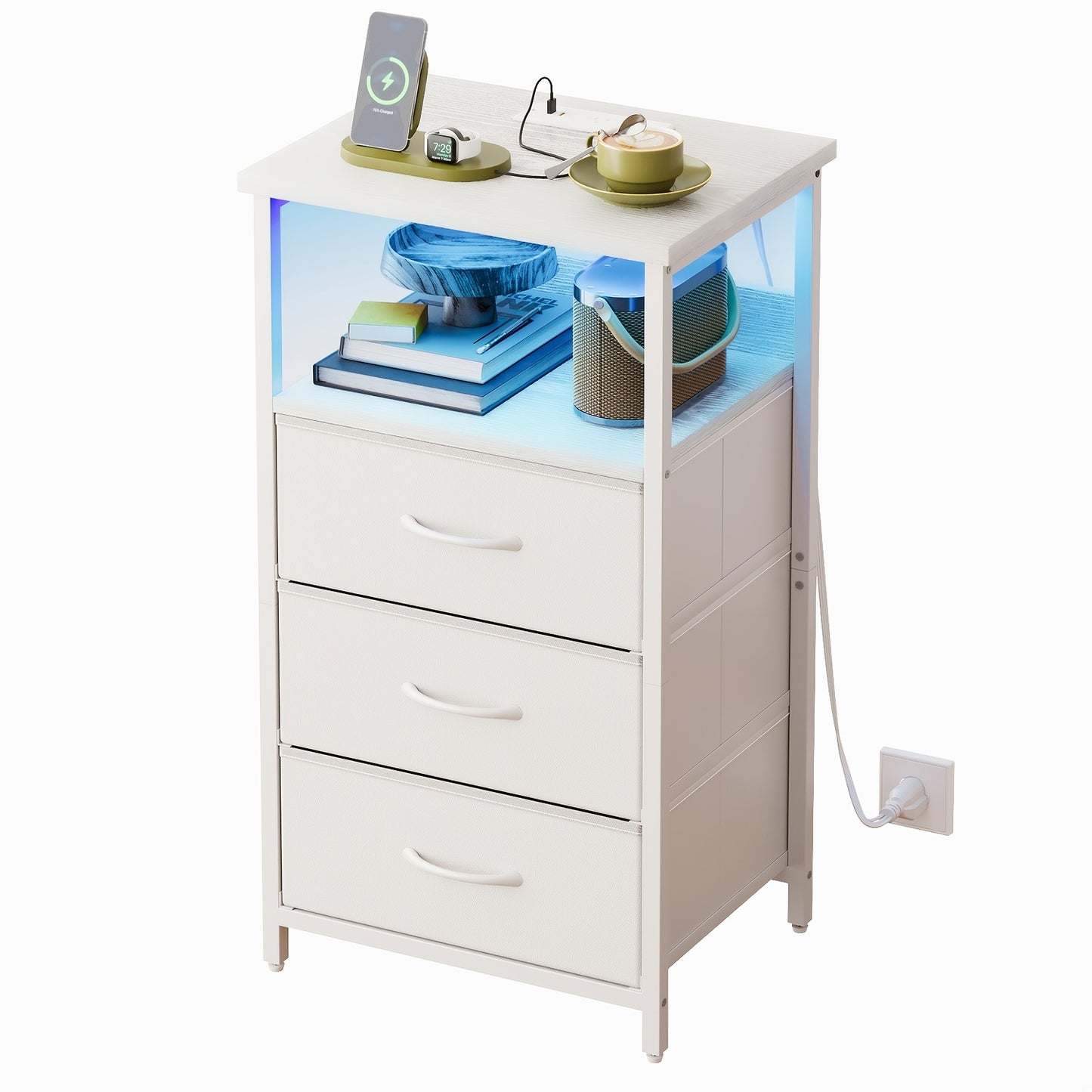 [Halloween Christmas] TOMNK Night Stand With Charging Station Set Of 1/2, Dresser For Bedroom With LED Light, Side Table With USB Port, 3/4 Fabric Drawers With PU End, For Small Spaces, Closet, School And Dormitory Storage, Entryway, For Halloween And Chr