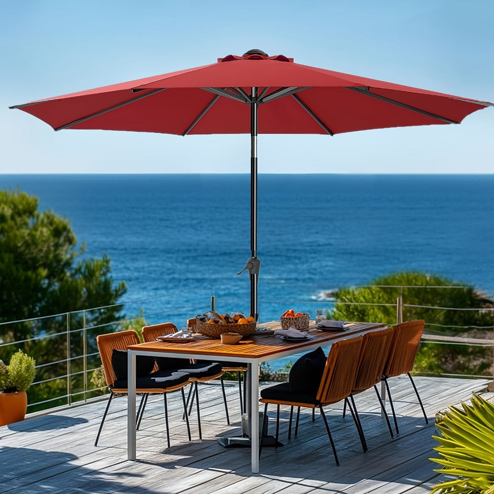 9ft Patio Umbrella UPF50+ 220GSM Solution-Dyed Fabric Push Button Tilt & Crank – 8 Steel Ribs Vented Canopy for Garden Deck Backyard Pool (Beige, Red, Dark Blue)